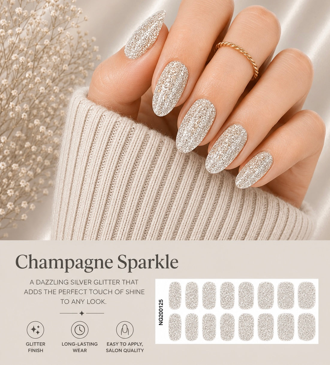 Sorelle Nails – Champagne Sparkle Semi Cured Gel Nail Wraps