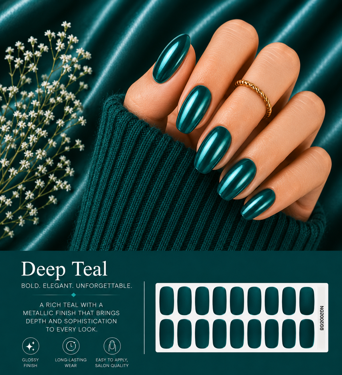 Sorelle Nails – Deep Teal Semi Cured Gel Nail Wraps