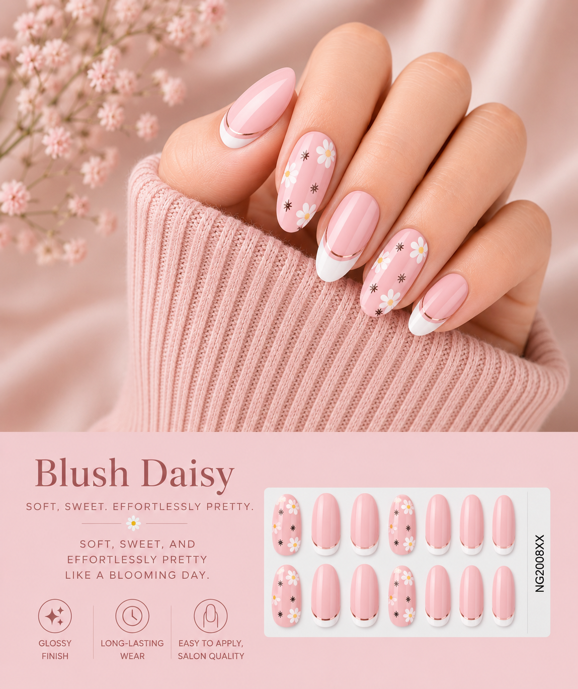 Sorelle Nails – Blush Daisy Semi Cured Gel Nail Wraps