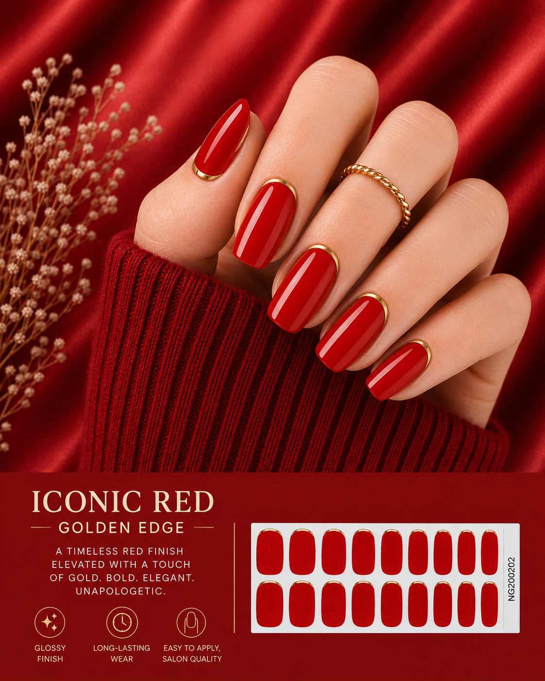 Sorelle Nails – Iconic Red Golden Edge Semi Cured Gel Nail Wraps