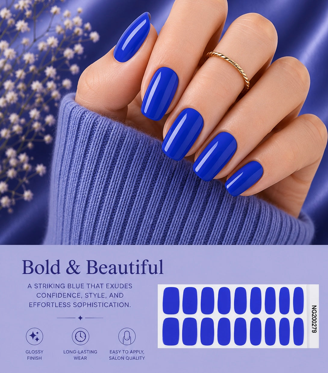 Sorelle Nails – Bold & Beautiful Cobalt Blue Semi Cured Gel Nail Wraps